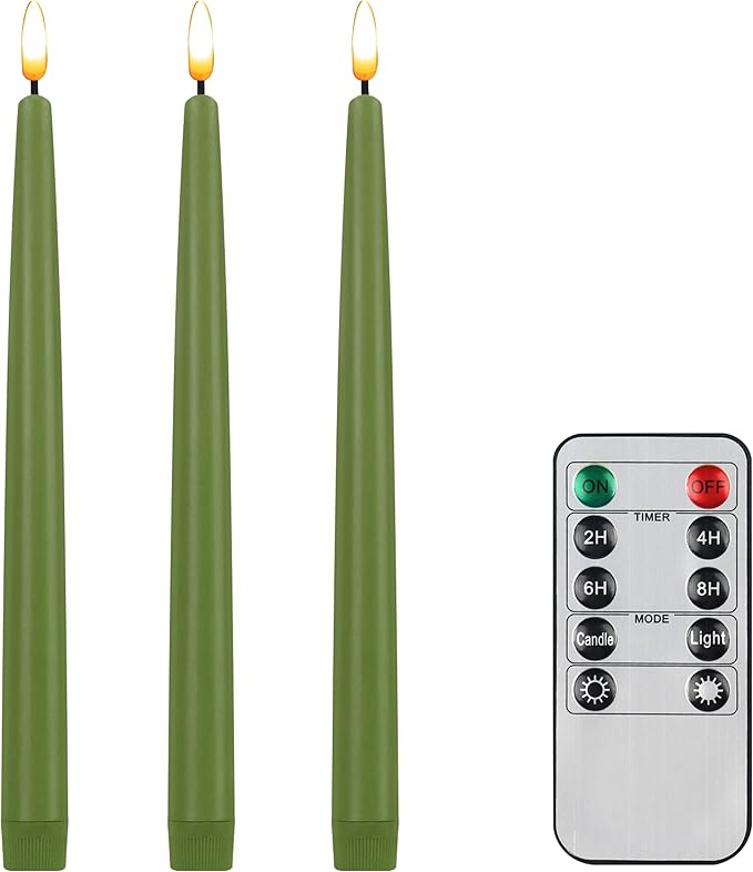 CVHOMEDECO. Flameless Taper Candles with 10-Key Remote, Battery Operated Led Flickering 3D Wick Window Candles Real Wax Finished Home Christmas Party Decor 0.78 x 11 Inch, Pack of 3, Sage Green