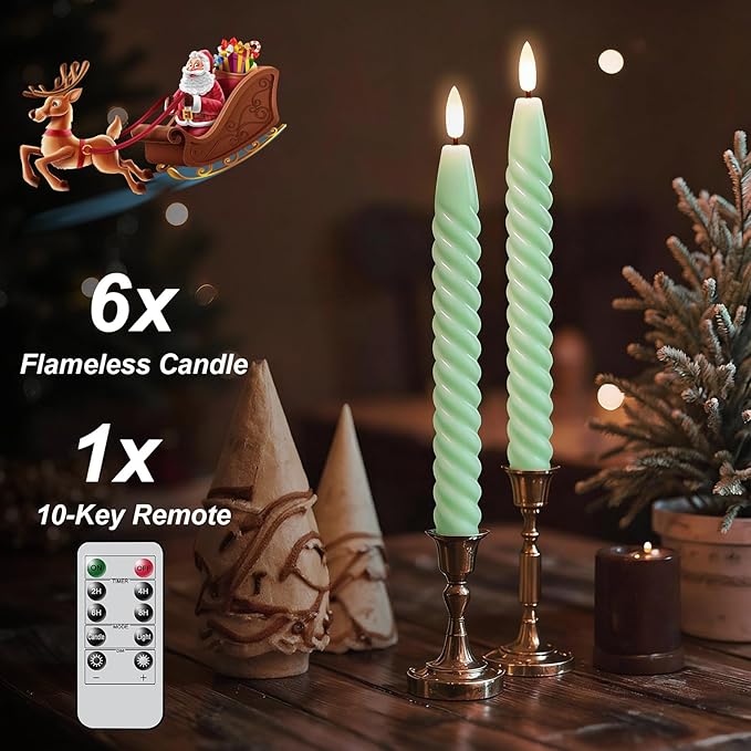 Flameless Taper Candles Real Wax Flickering with Remote Timer, Pastel Green 3D Wick LED Spiral Candles Battery Operated 6 Pack 9.8 inch, Wedding Birthday Home Party Holiday Dinner Decor
