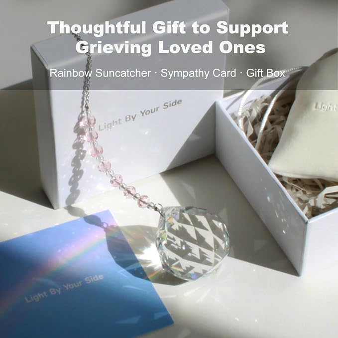 Light By Your Side Rainbow Maker, Sympathy Gifts for Loss of Loved One | Matching Gift Card, Gift Box & Bag | Memorial Gift | Crystal Ball Suncatcher | Bring Comfort, Hope & Love | Memory Rose