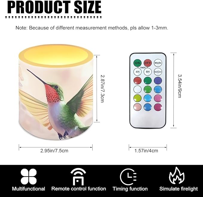 Vintage Flower Hummingbird 3 inch Flameless LED Candles with Remote Timer Set of 4 Home Decorative Realistic Flickering Flameless Candles with Battery Operated