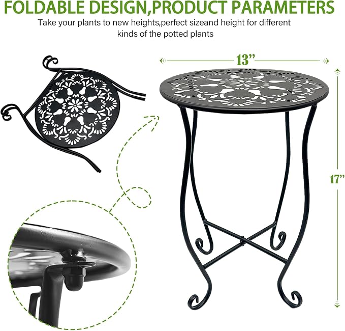 Arbuxzuy 2 Packs 17" Tall Round Metal Outdoor Side Tables for Patio, Decorative Black Flower Pot Stand, Rustproof Potted Holder, 120 lbs Load Capacity