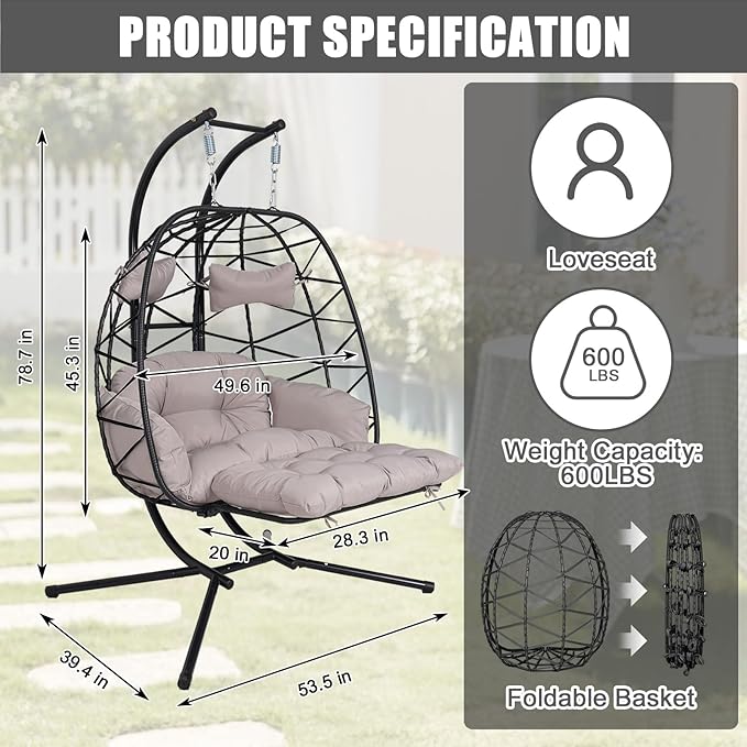 Double Egg Hammock Chair with Stand, Swing Egg Chair, Wicker Hanging Chair with Washable Cushion - Sturdy Metal Stand, 600lbs Capacity for Indoor Outdoor Patio Living Room Etc (Black+Light Gray)