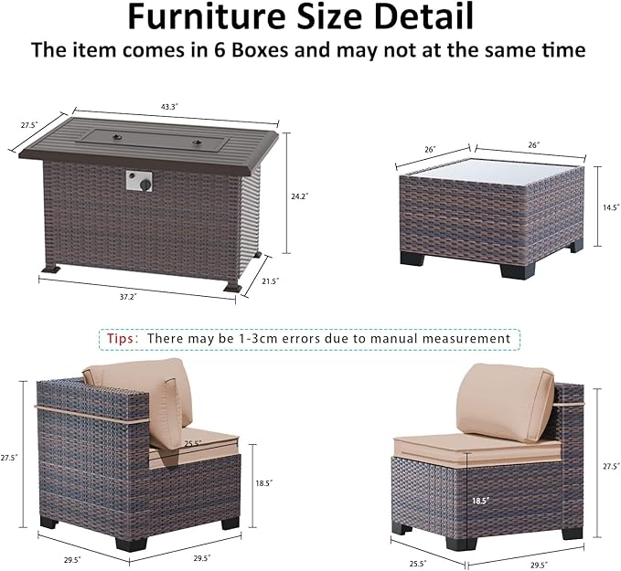 Outdoor Patio Furniture Set with Fire Pit Table, 10 Pieces Outdoor Furniture Set Patio Sectional Sofa w/43in Propane Fire Pit, PE Wicker Rattan Patio Conversation Sets - Brown