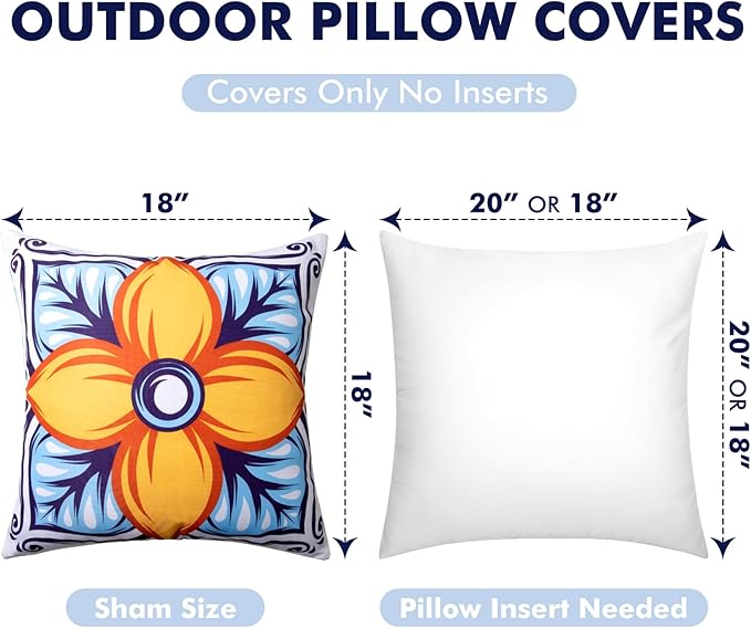 Outdoor Pillow Covers, 18x18 Inch Set of 4 Floral Printed and Boho Decorative Summer Outdoor Waterproof Throw Pillow Covers for Patio Funiture Garden (Blue Orange)