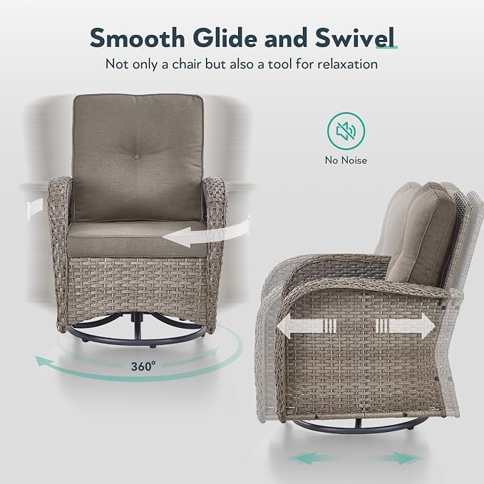 Outdoor Swivel Glider Rocker Chairs Set- 5 Piece Patio Furniture Set, Patio Bistro Sets with Tempered Glass Side Table and 2 Ottoman, for Balcony, Porch - Grey Wicker Grey Cushion