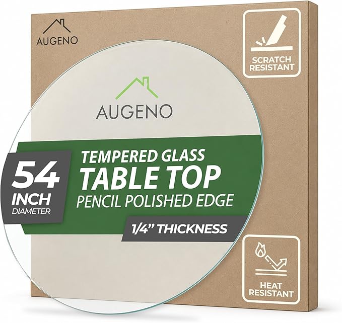 54 inch Round 1/4" Thick Pencil Polished Edge Glass Table Top with 6 Bumpers - Tempered, Scratch Resistant & Safety Replacement Glass Designed for Dining, Coffee, Patio & End Tables