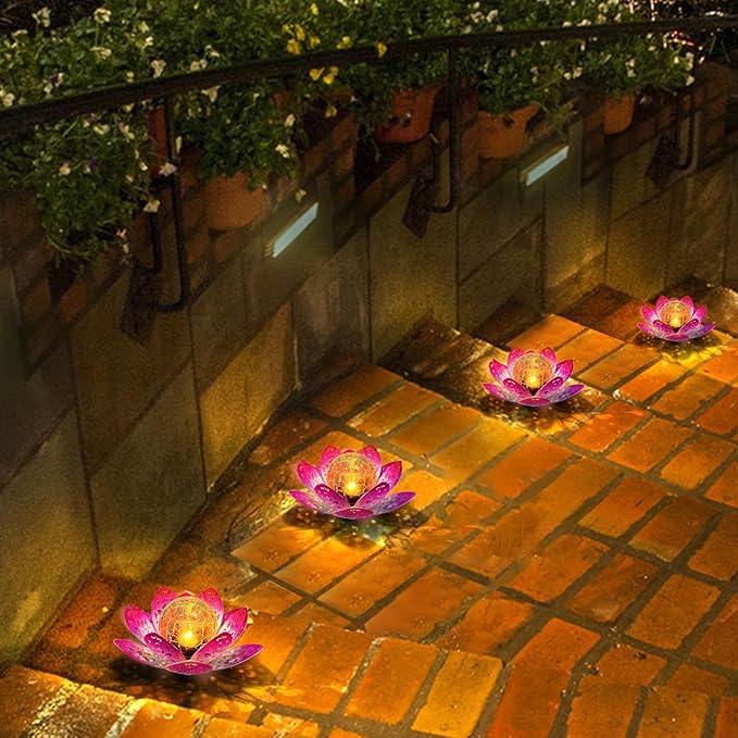 2 Pack Solar Lights Outdoor Garden 6.3 " Glass Lotus Lamp Waterproof LED Metal Flower Lights Outdoor Garden Table Decor for Outside Balcony, Patio, Deck, Porch, Walkway