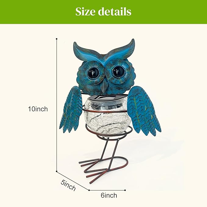 HONGLAND Solar Lights Outdoor Garden Owl Decor, Vibrant Blue Owl Solar Light Outdoor Waterproof with Glowing Crackle Glass Globe, Metal Yard Art Statue for Lawn Porch Patio Outside Garden Decor Gifts