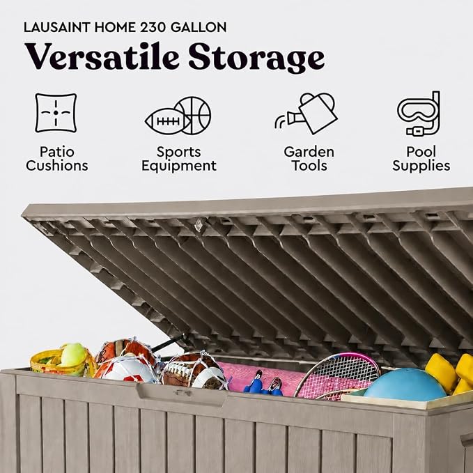 LAUSAINT HOME 230 Gallon Resin Deck Box, Package Delivery Box with Lockable Lid, Waterproof Outdoor Storage Box For Garden Tools, Patio Cushions(230 Gallon,Grey)
