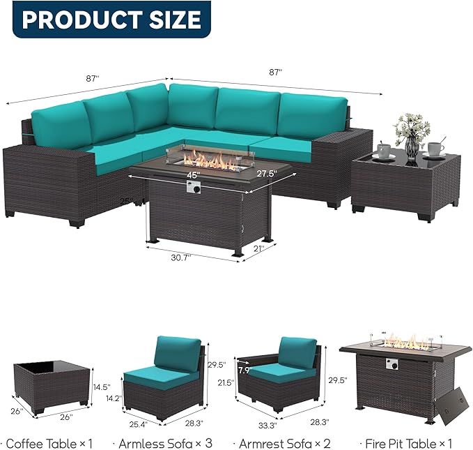 Patio Furniture Set 7 Pieces Outdoor Furniture Patio Conversation Set w/43in Gas Fire Pit,PE Rattan Wicker 7 Pcs Outdoor Sofa Set w/55000 BTU Propane Fire Pit Table,Blue