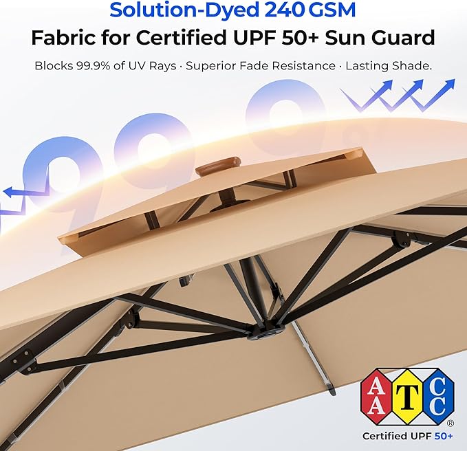 HOMSHADE 10 ft Square Cantilever Patio Umbrella with Base Included, Solar Lights Large Umbrella Outdoor Patio with 360°Rotation&Tilting, LED Lighted Offset Umbrellas w/Stand for Pool Deck