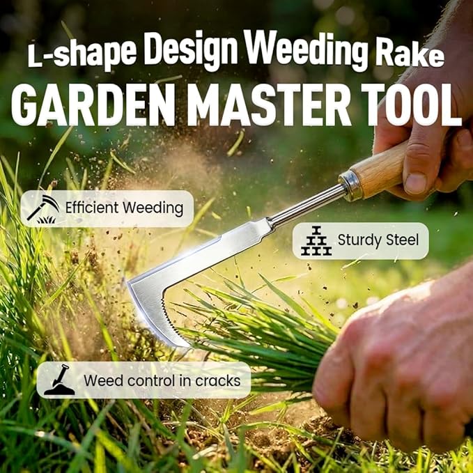 Crack Weeder, 12" Stainless Steel L-Shaped Crevice Weeder Tool with Wood Handle, Heavy Duty Sidewalk Weed Puller Spatula for Garden Patio Lawn, Gardening Hand Tool (C)