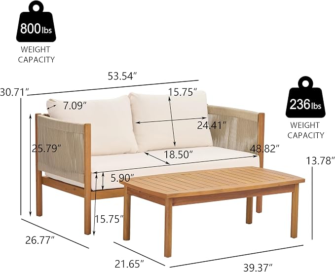Merax Outdoor Loveseat & Coffee Table Set with Acacia Wood Frame in Teak Look, Beige Rope Panels & Cream Water-Repellent Cushions for Patio & Garden