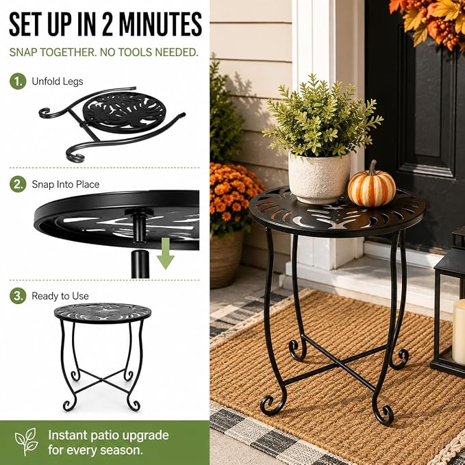 Outdoor Side Table 15 Inch Tall, Tool-Free Metal Patio End Table with Monstera Design, Space Saving Round Stand for Porch Balcony Garden (Monstera)