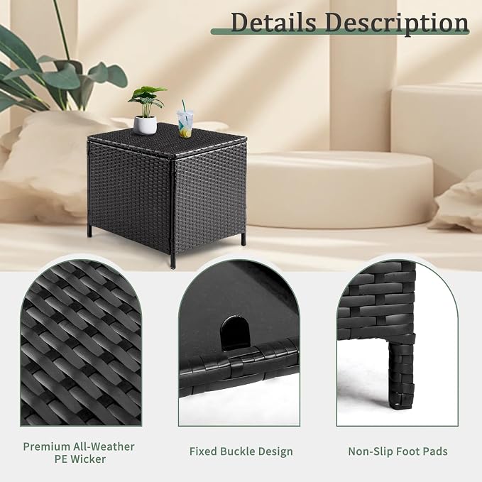 20.8in Outdoor PE Wicker Side Table,Square Patio Rattan End Table,Outside Storage Bin Container,All-Weather Small Storage Box Tables,with Lid,for Garden Porch Poolside Deck Backyard (Black)