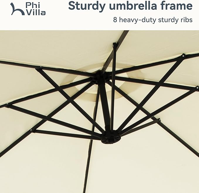 PHI VILLA 10ft Offset Patio Umbrellas, Outdoor Market Hanging Umbrella with 8 Ribs & Cross Base(No Weight), for Deck Pool Porch Backyard, Off-white