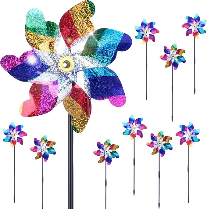 BATTIFE Preassembled Reflective Pinwheels for Yard & Garden, Color, 10 Pack | Sparkly Reflective Material Spinner, Spins Best in Steady Wind, Animal-Deterrent Results Vary by Placement and Conditions