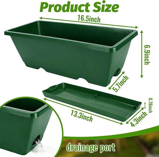 7 Pack Window Box Planters, 17 Inch Plastic Rectangular Flower Pots for Indoor/Outdoor Plants, Herbs, Vegetables, Includes Trowel, Waterproof Mat & Gloves (Deep Green)