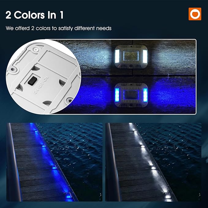 addlon Solar Dock Lights Marine 24 Pack, 2CCT Outdoor Driveway Marker Deck Lights, IP67 Waterproof, Solar Powered Deck Light for Pathway Warning Step Sidewalk Patio, Blue Light & Cool White, FCC