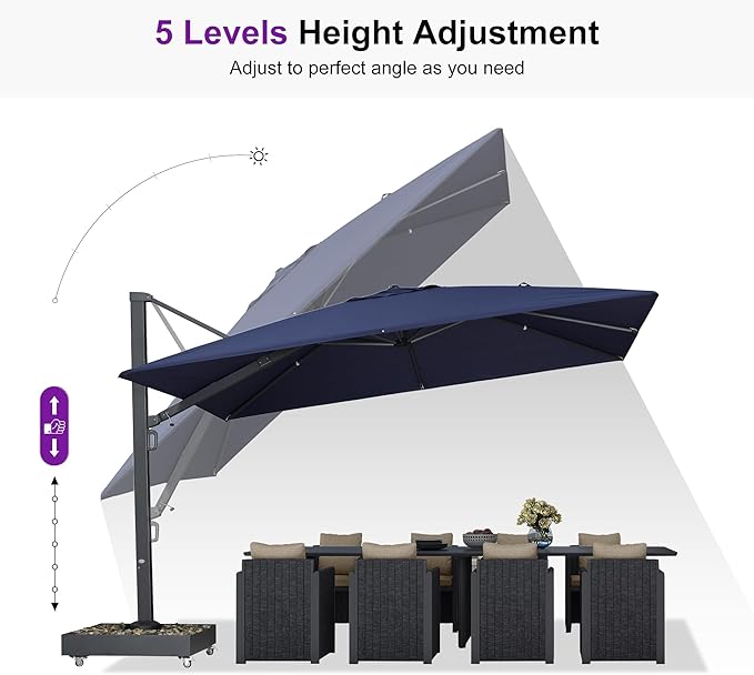 PURPLE LEAF 12' X 9' Space Saving Rectangle Patio Umbrella Large Outdoor Aluminum Offset Umbrella with 360-degree Rotation Cantilever Umbrella for Garden Deck Backyard Pool Navy Blue