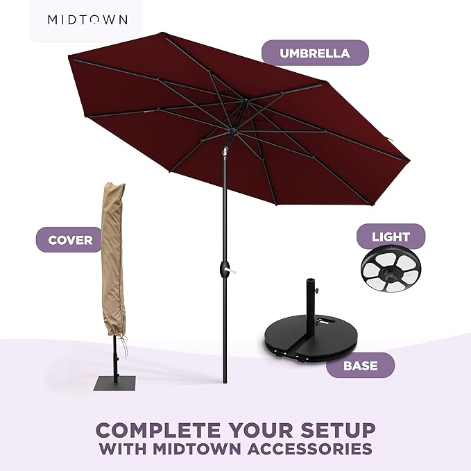 Midtown Umbrellas – The Lean 8 Ft Patio Umbrella with 10-Year-No-Fade Acrylast Acrylic Fabric, Auto-Tilt and 8 Reinforced Ribs for Deck, Pool, Garden, Hotel & Cafes – Bordeaux Canopy, Black Pole