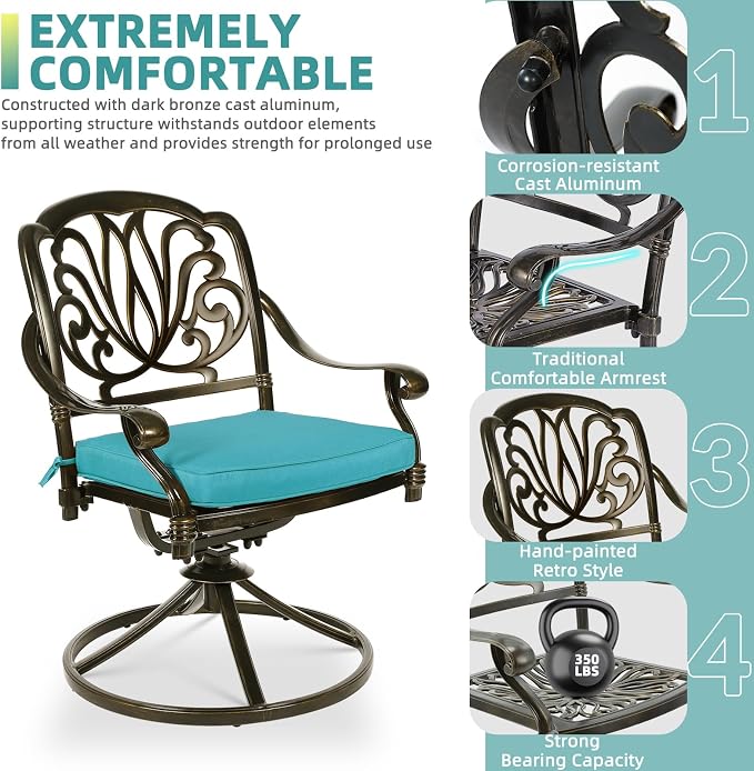 MEETWARM 7-Piece Outdoor Patio Dining Set, All-Weather Cast Aluminum Patio Conversation Set with 2 Swivel Rocker Chairs, 4 Stationary, 1 Rectangular Table, 6 Cushions, 2" Umbrella Hole, Ocean Blue