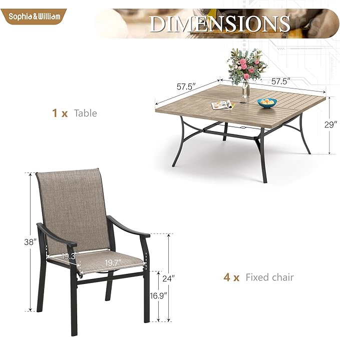 Sophia & William Patio Dining Set 9 Pieces, 8 Quick Dry Textilene Chairs and 1 Large Square Outdoor Dining Table, All-Weather Patio Furniture for Lawn, Park, and Courtyard Support 350lbs