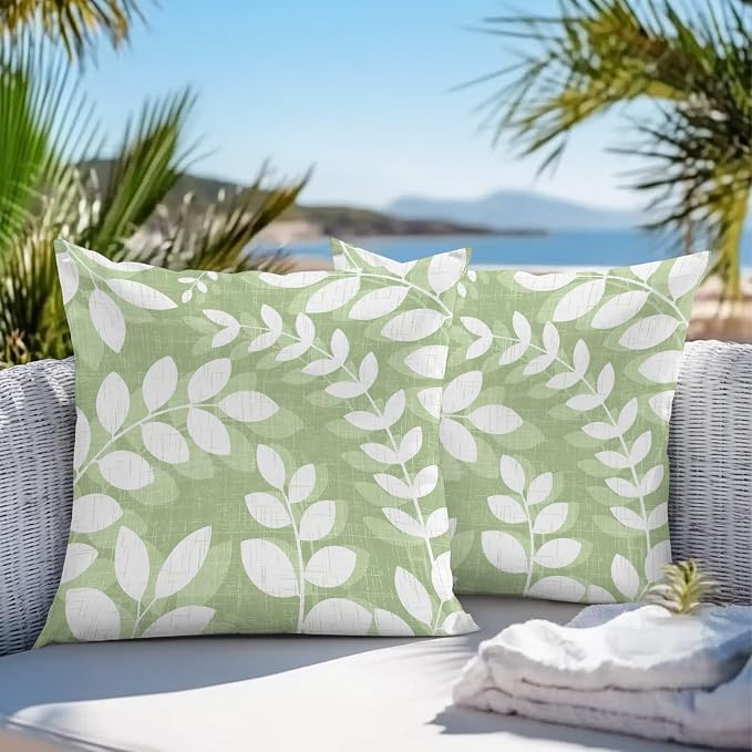 Olive Green Leaves Outdoor Waterproof Throw Pillow Covers 24x24 Set of 2, Farmhouse Botanical Branch Vintage Boho Decorative Pillowcases Cushion Pillowcase for Couch Sofa Patio Pillow Protector