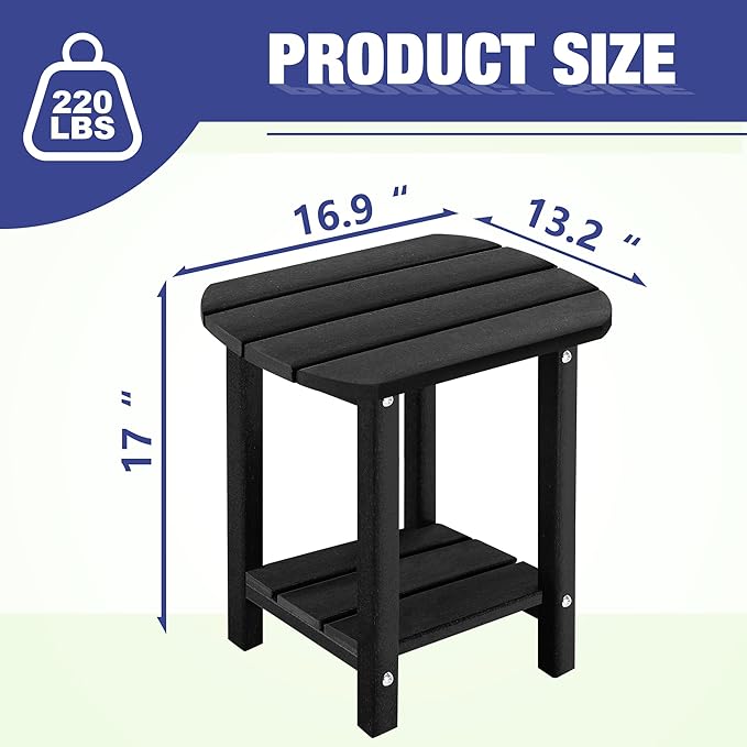 LZRS Patio End Table, Heavy Duty HDPE Outdoor Coffee Table with Wood Texture, Weatherproof Composite Table for Adirondack Chairs, Deck, Pool, Indoor/Outdoor, No Peeling Cracking(Black)
