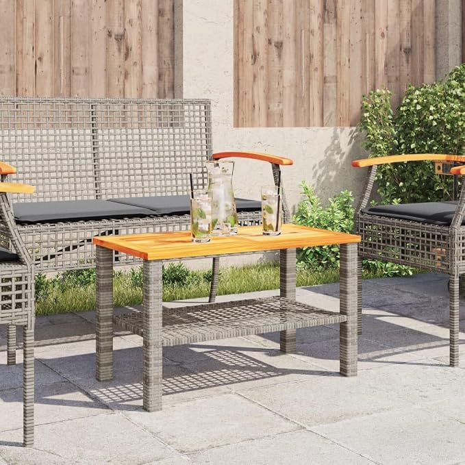 Small Garden Table with Acacia Wood Top, 27.6x15x16.5 Inch Poly Rattan Outdoor Table for Patio Backyard