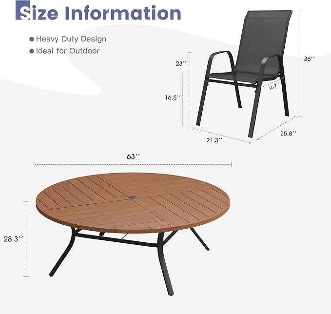 VICLLAX Round Outdoor Patio Dining Set for 10, Metal Slatted Patio Table with Umbrella Hole and 10 Stackable Patio Chairs for Deck Lawn Garden, Black Fabric and Walnut Tabletop
