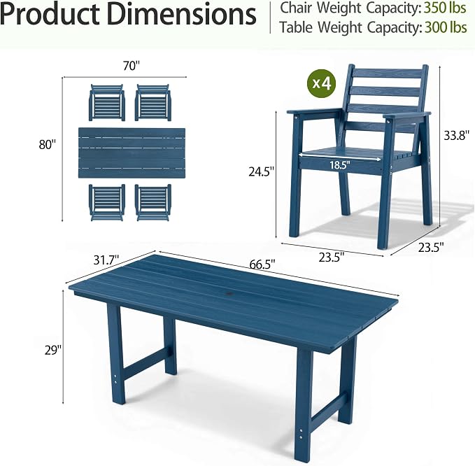 5-Piece Outdoor Dining Set, All-Weather HDPE Patio Furniture, 66.5" Slatted Table with 1.6" Umbrella Hole & 4 Ergonomic Armchairs, Heavy Duty 350lbs Capacity, UV Resistant, Blue
