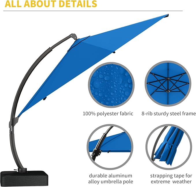 Kingdura 12ft Offset Cantilever Patio Umbrella with Base Included, Large Round Aluminum Outdoor Umbrella, 360° Rotation & Infinite Tilt, Heavy Duty Frame for Deck Pool Backyard, Royal blue