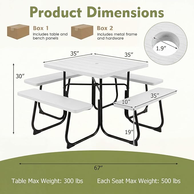 GYMAX Picnic Table Bench with Umbrella Hole, 8 Person Square Outdoor Picnic Table with Metal Frame & HDPE Tabletop, Camping Table for BBQ Yard Patio, 2300LBS Capacity (White)