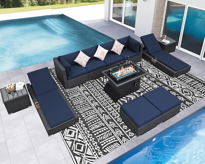 NICESOUL 11 Piece Sectional Outdoor Set with Firepit Loungers, Extra Large Backyard Seating with Fireplace, 29.3'' Highback Deep Patio Couch Sofa, All-Weather Wicker Furniture Sets for Deck, Grey&Blue