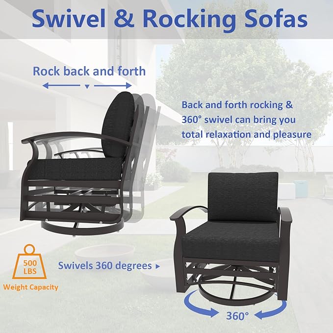 ALAULM Aluminum Patio Furniture Set with 40,000 BTU Round Propane Fire Pit Table 7-seat Metal Outdoor Furniture w/ 2 Swivel Chairs Patio Sectional Sofas for Patio, Lawn, Poolside（Black