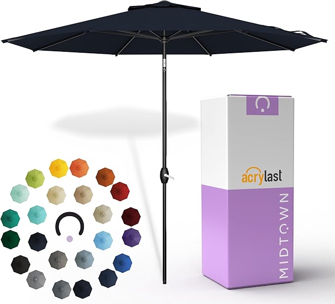 Midtown Umbrellas – The Lean 8 Ft Patio Umbrella with 10-Year-No-Fade Acrylast Acrylic Fabric, Auto-Tilt and 8 Reinforced Ribs for Deck, Pool, Garden, Hotel & Cafes – Harbor Navy Canopy, Black Pole