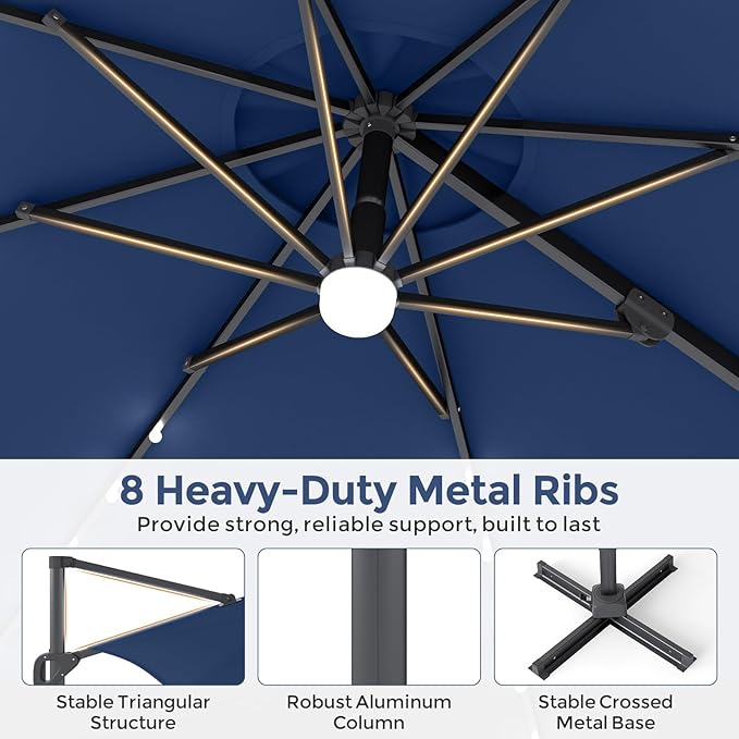 Tangkula 10ft Patio Umbrella with Solar Lights, Offset Cantilever Square Outdoor Umbrella with 35 LED Lights, Aluminum Pole, 360 Degree Rotation, Tilt Adjustment, Air Vent for Pool Deck Yard (Navy)