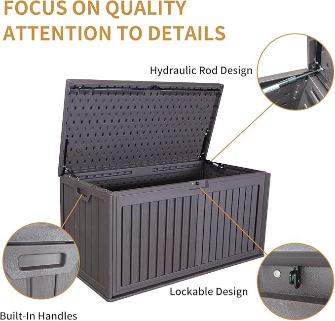 100 Gallon Resin Outdoor Deck Box Waterproof, Plastic Patio Storage Box with Side Handles, Lockable Storage Containers for Patio Furniture Cushions, Pool Accessories, Garden Tools Brown