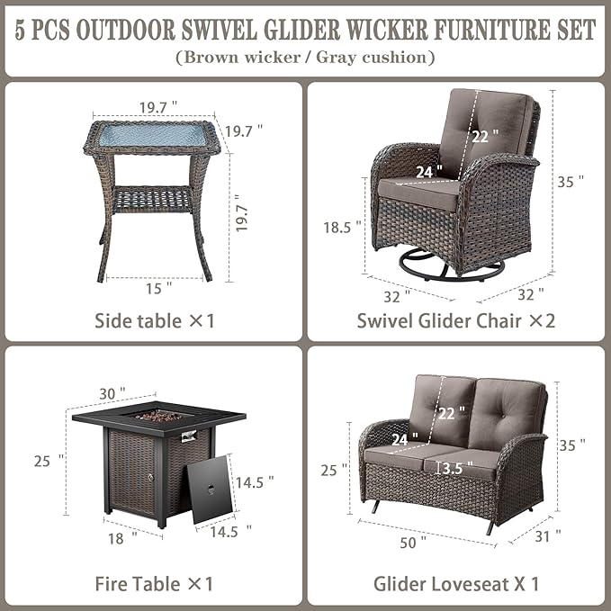 Belord 5 Pieces Patio Furniture Set with 30” Propane Fire Pit Table, Deep Seating Swivel Rocker Glider Outdoor Chairs Set of 4 with Side Table Set of 2 Patio Conversation Set Brown Wicker