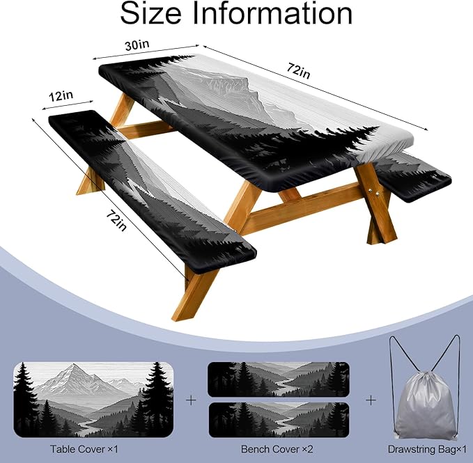 Picnic Table Cover with Bench Covers Camping Essentials Waterproof Windproof Camping Tablecloth with Drawstring Bag, Fitted Rectangle Tables and Seats, 72in, Black White Forest