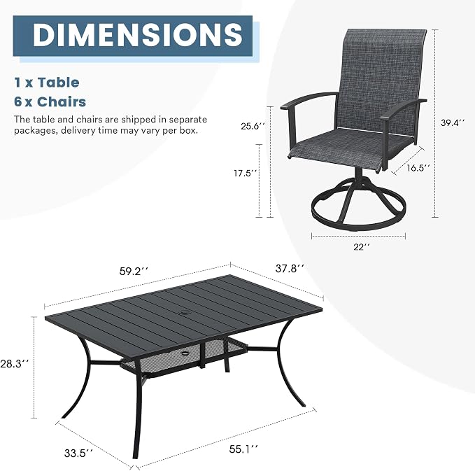 DIFY 7 Pieces Outdoor Dining Set, Metal Patio Table and Chairs Set for 6 with Umbrella Hole, 59.2" Black Rectangle Table and Dark Grey Textilene Swivel Patio Chairs for Garden, Backyard, Poolside