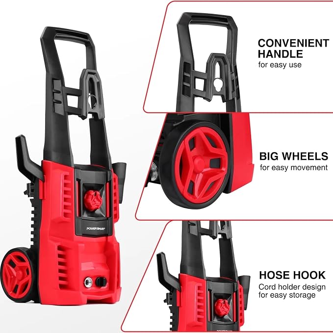 Electric Pressure Washer, 1850 PSI Max,3.0 GPM, 5" Wheels, 18M Cord/Hose Length Max, Power Washer for Patio, Car, Driveway, Fence & Home Cleaning