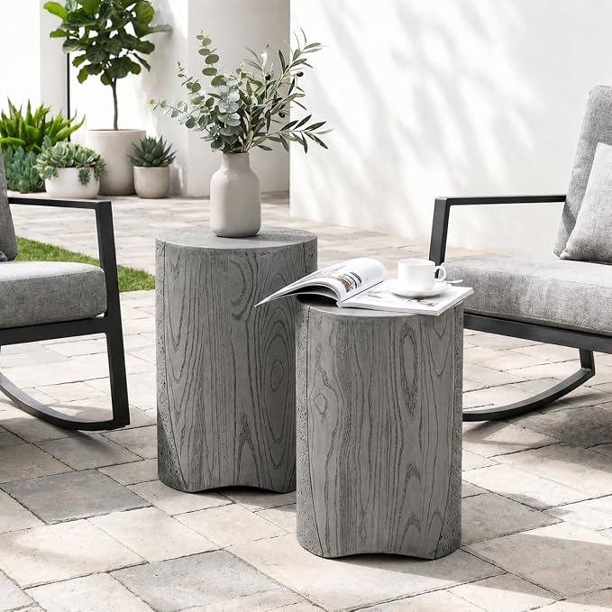SUNBURY Outdoor Side Table, Set of 2 Round Concrete Side Table Nesting for Patio, Outdoor Decorative Accent End Table in Wooden Pattern, Ceramic Garden Stool for Yard, Pool, Grey