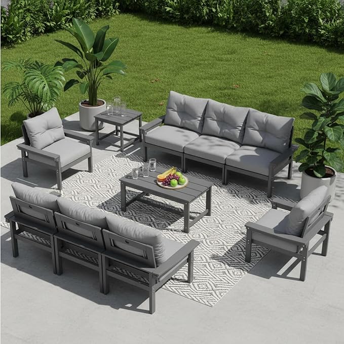 HDPE 10 Piece Outdoor Patio Furniture Set, All-Weather Outdoor Couch Set with Thick Cushions & Table, Patio Conversation Sets for Lawn, Garden, Porch, Balcony, Deck, Poolside, Grey