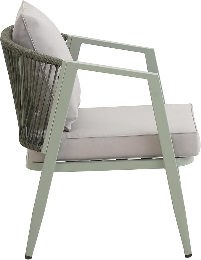 GDFStudio Aoxwe 4 Piece Outdoor Conversation Set, Rope Woven Club Chairs, Woven Open Back Loveseat, Slats Panel Design Coffee Table, Iron Frame Sectional Conversation Set for Poolside, Green