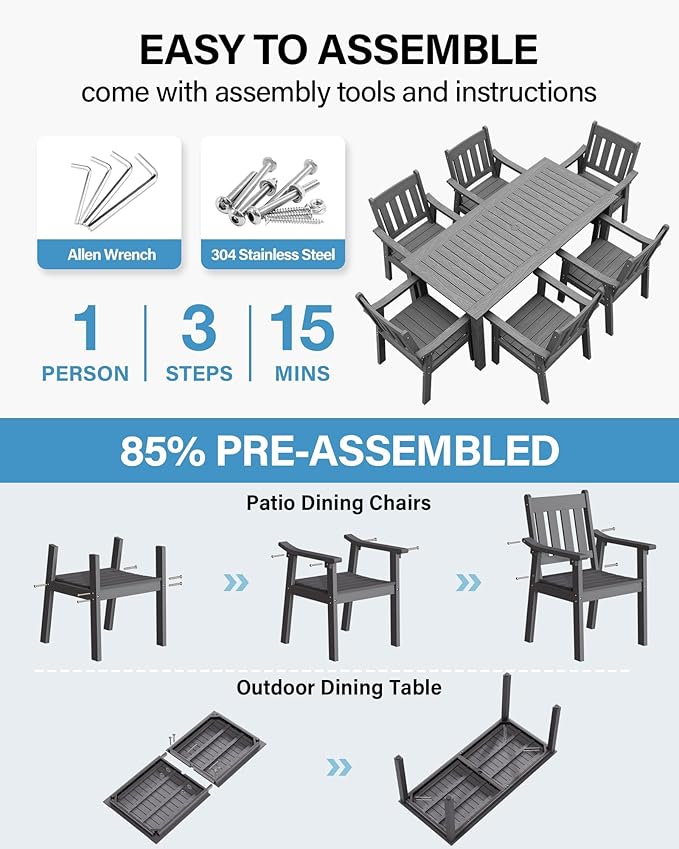 YEFU Outdoor Dining Table for 6: All Weather Rectangular Patio Table with Umbrella Hole and Aluminum Frame - Outdoor Furniture for Outside Backyard/Garden/Pool/Porch/Deck, 300lbs Capacity, Grey