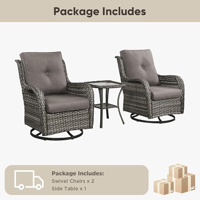 Belord 3 PCS Patio Furniture Set - Mixed Grey Wicker Swivel Rocking Chair Set with Side Table