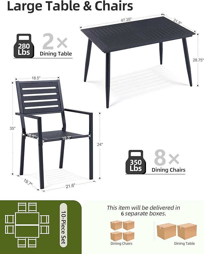 10-Piece Outdoor Dining Set - Two 47.25" HDPE Patio Tables and 8 Stackable Armrest Chairs - All-Weather Rust-Proof Steel Frame for Garden, Deck(Black)