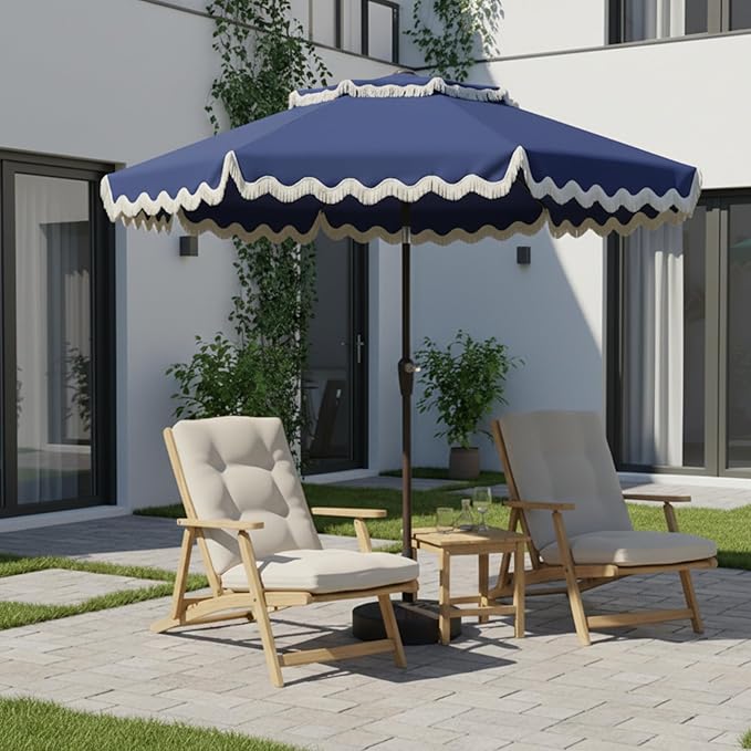 9FT Patio Umbrella with Fringe,Tassel Umbrella with Push-Button Tilt | UPF 50+ & Rust-Resistant Fiberglass Frame for Patio, Pool,Garden,Yard(Navy)